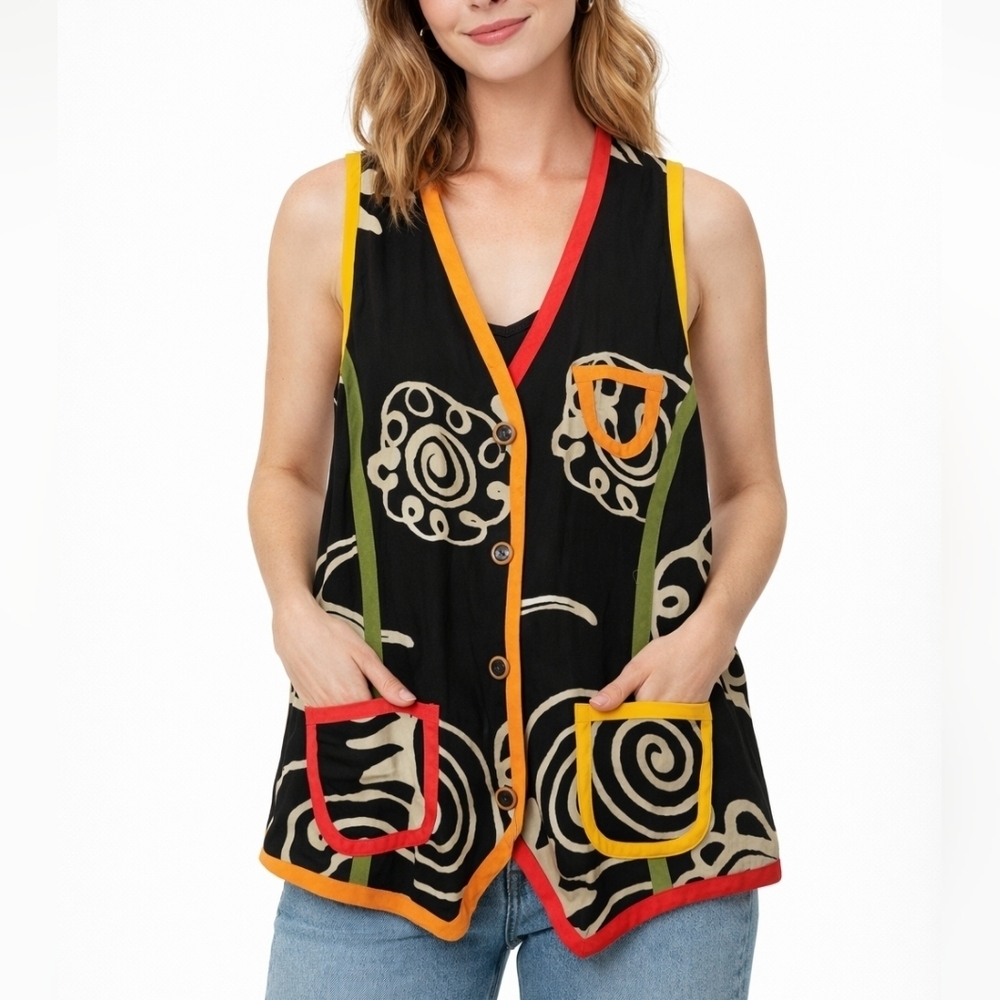 Vintage PKMUI 100% Silk Abstract Print Vest Colorful Trim Button Front